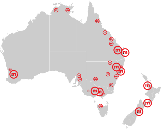 Mapa de Australia y Nueva Zelanda con ubicaciones marcadas.