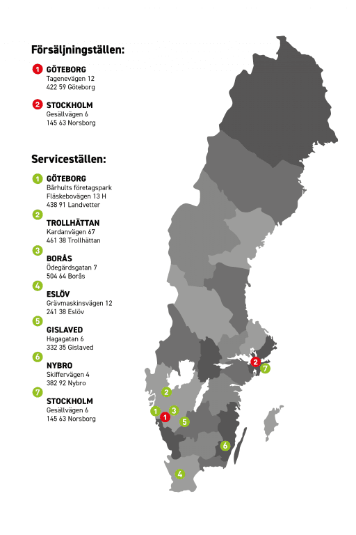 Mapa de Suecia con las ubicaciones de ventas y servicio de Hoeflon.