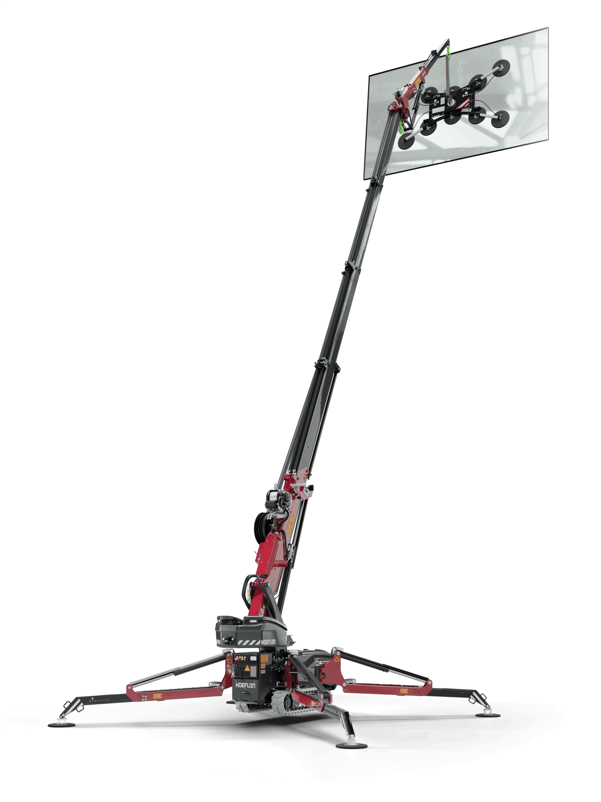 Grúa C6e con ventosa levantando vidrio